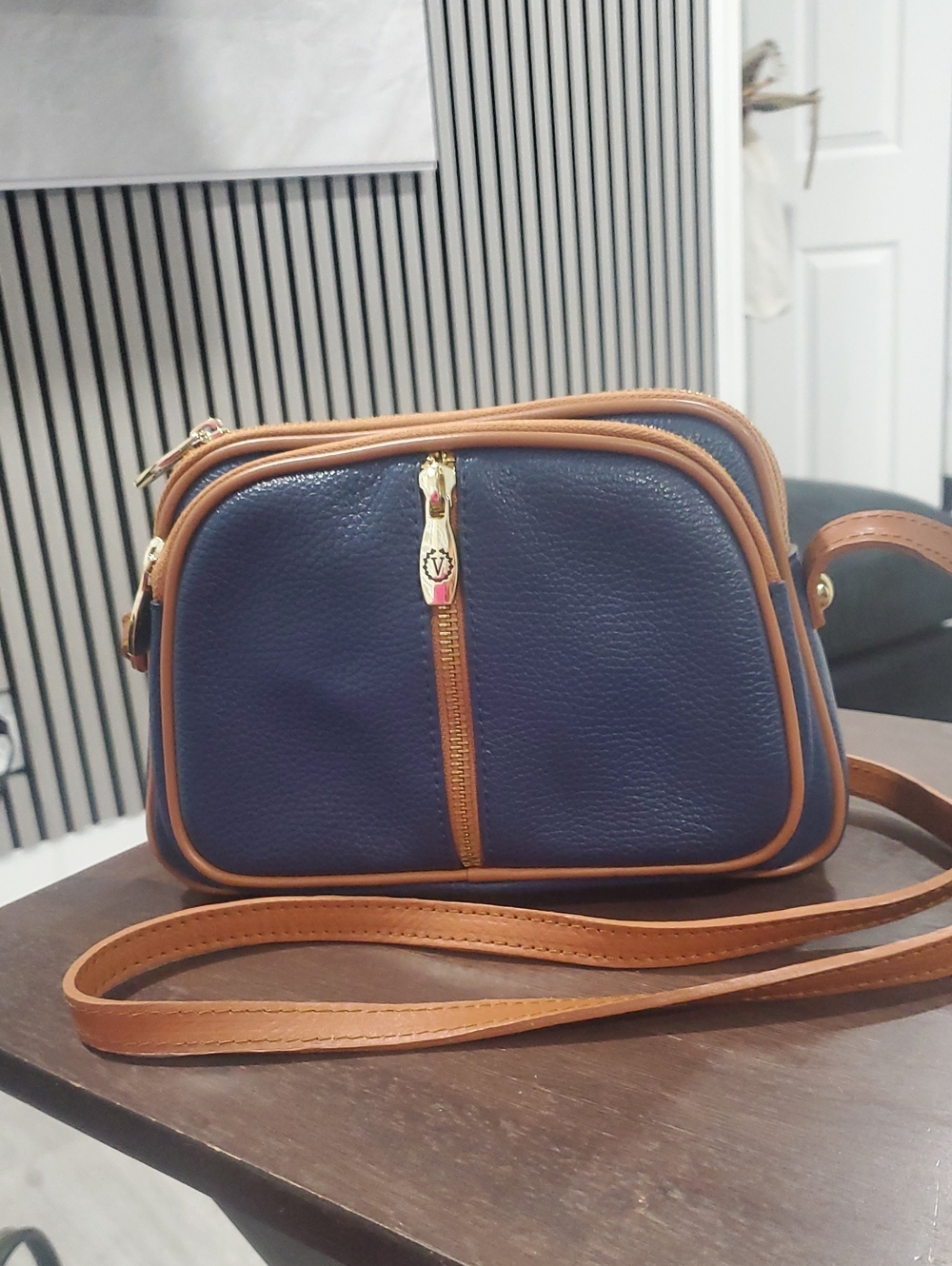 Valentina Navy and Tan Pebbled Leather Crossbody Bag